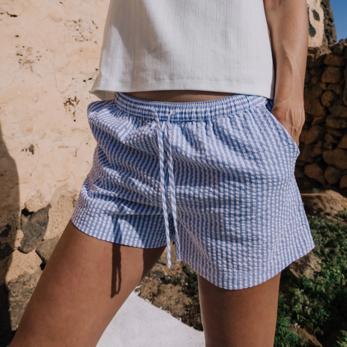 Short de algodón seersucker mil rayas Lilia